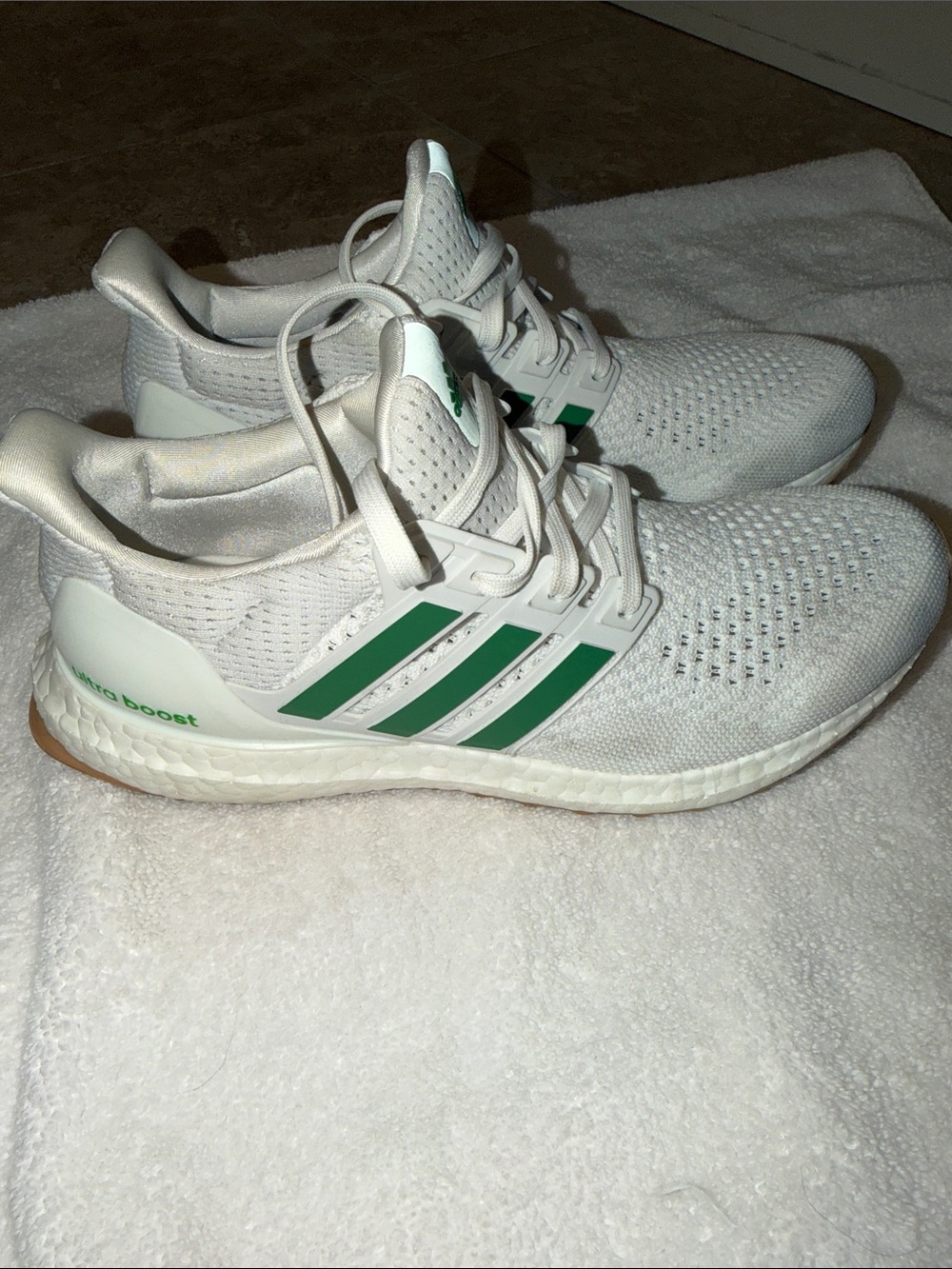 adidas White Knit Women's Athletic Shoes with Green Stripes